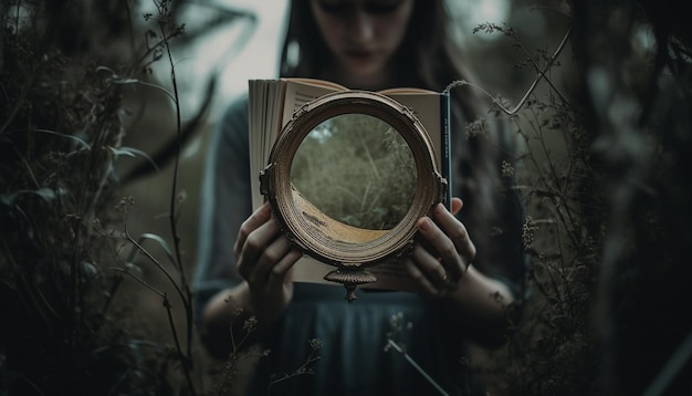 Free Photo young woman holding lens searching for mystery generated by ai