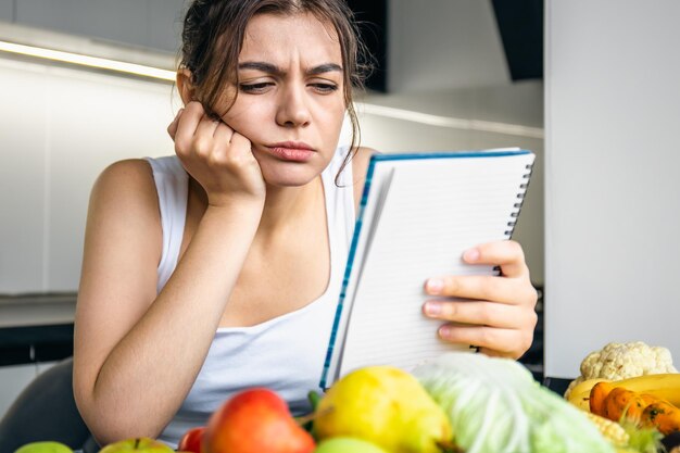 A young woman in the kitchen with a notebook among vegetables