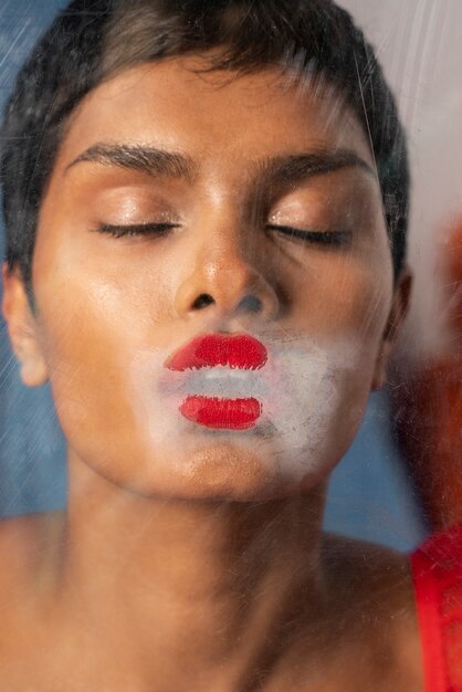 Young woman portrait behind plastic wrap