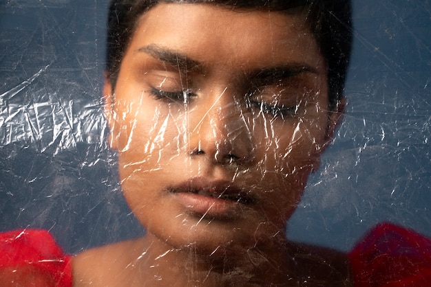 Young woman portrait behind plastic wrap