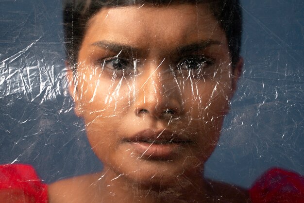 Young woman portrait behind plastic wrap