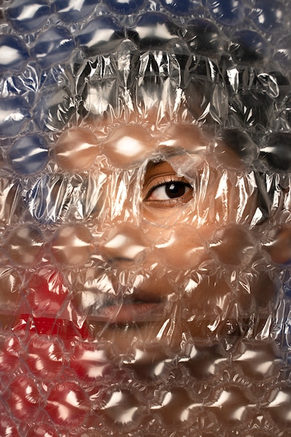 Young woman portrait behind plastic wrap