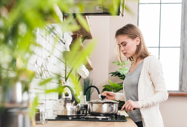 Young woman preparing the food in the kitchen