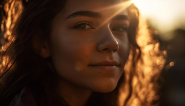 Young woman smiling enjoying nature beauty generated by AI