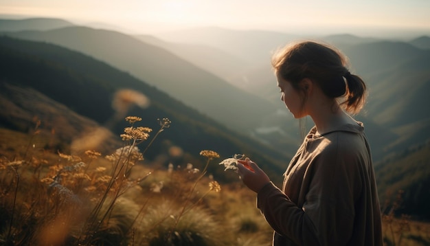 Free photo young woman standing enjoying nature beauty generated by ai