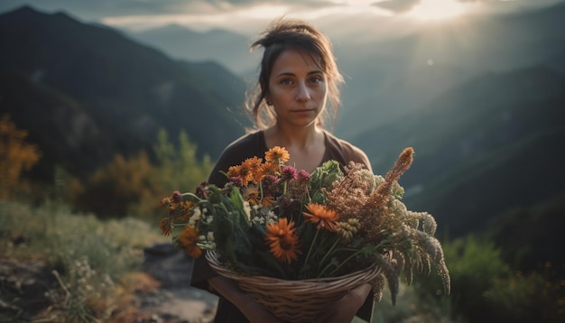 Young woman standing holding bouquet looking confident generated by AI