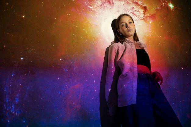 Young woman standing in universe texture projection