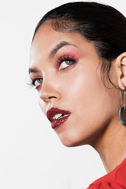 Young woman starring upwards close-up shot