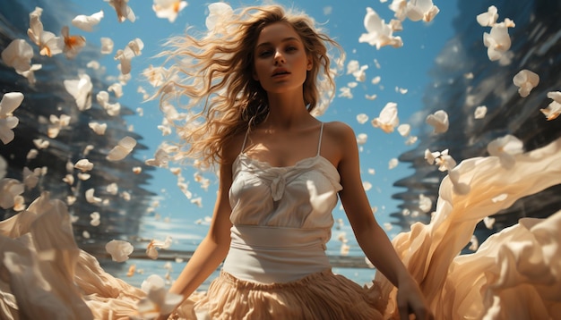 Free Photo a young woman in a summer dress enjoys the outdoors generated by artificial intelligence