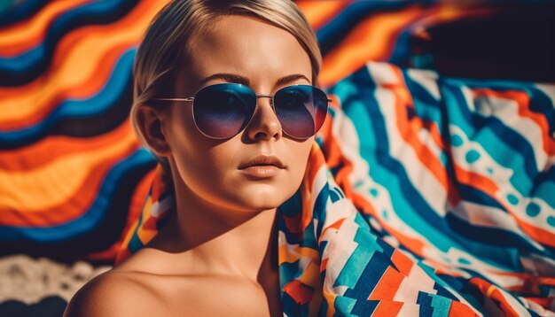 Young woman in sunglasses exudes summer sensuality generated by AI