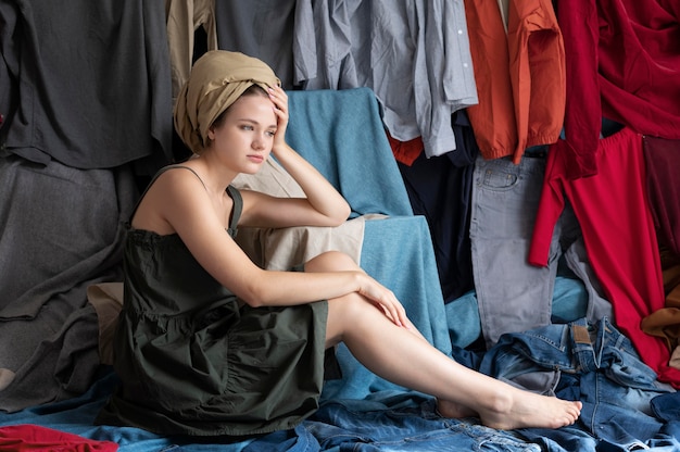 Free Photo young woman surrounded by piles of clothes