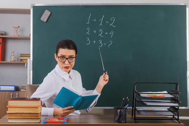 Young woman teacher wearing glasses with book holding pointer while explaining lesson looking with skeptic expression sitting at school desk in front of blackboard in classroom