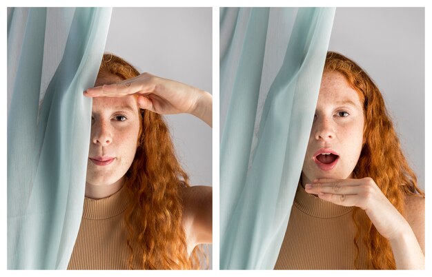 Free photo young woman teaching sign language