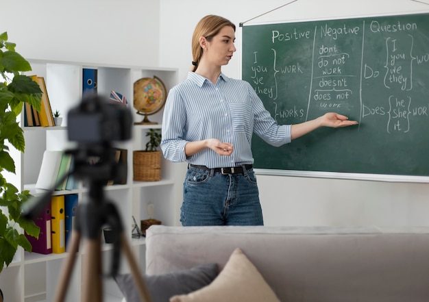 Young woman teaching students in english class online