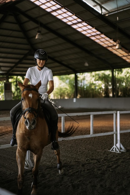 Free photo young woman trains in horseback riding in the arena. young caucasian woman in formal clothing horseback riding across the sandy arena. a pedigree horse for equestrian sport. the sportswoman on a horse