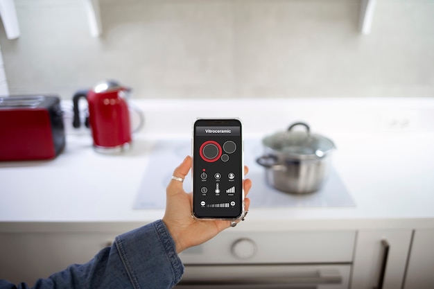 Young woman using home technology