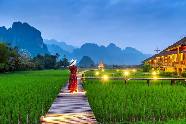 Free photo young woman walking on wooden path with green rice field in vang vieng, laos.