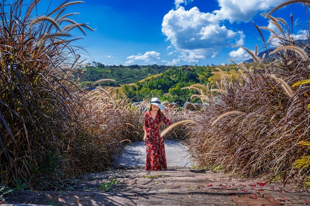 Free photo young woman walking on wooden path.