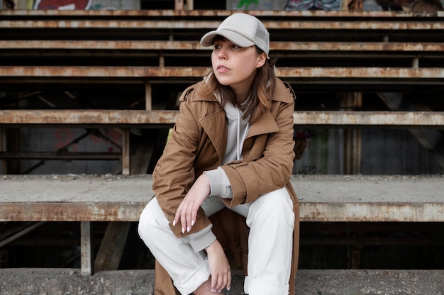 Free photo young woman wearing trucker hat