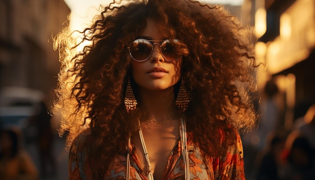 Free Photo young woman with curly hair smiling looking at camera outdoors generated by artificial intelligence