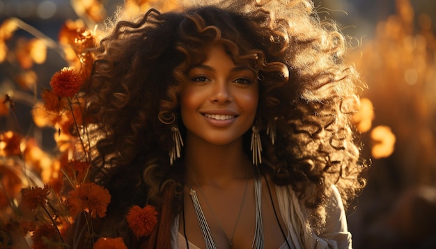 Free photo young woman with curly hair smiling outdoors enjoying nature generated by artificial intelligence