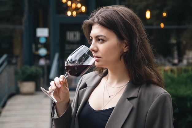 A young woman with a glass of wine outside near a restaurant