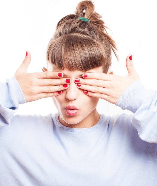 Free Photo young woman with painted nails covering her eyes