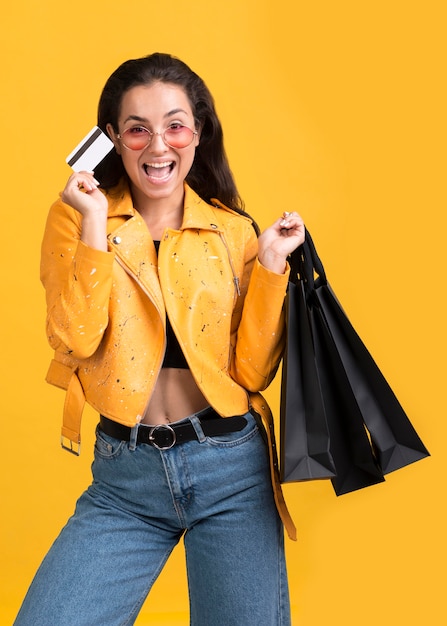 Young woman in yellow leather jacket black friday sale