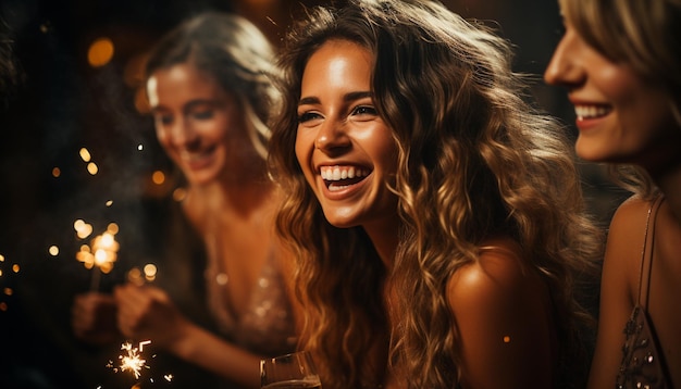 Free Photo young women enjoying a carefree night at a nightclub smiling generated by artificial intelligence