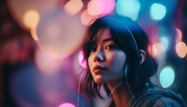 Young women enjoying nightlife illuminated by street lights generated by AI