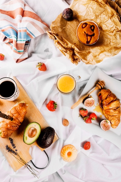 Yummy food for breakfast on white background