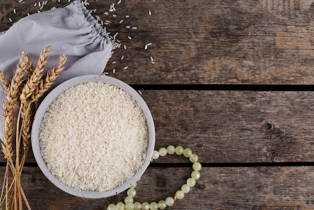 Zakat still life with rice and grains top view