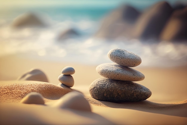 Free photo zen stones balanced on the beach sunrise light meditation and relaxation ai generative