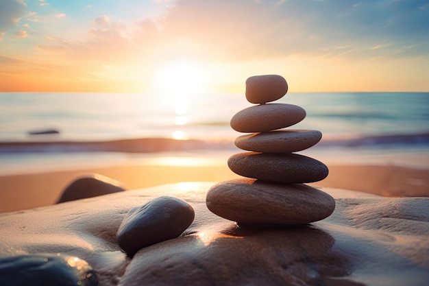 Free photo zen stones balanced on the beach with copy space sunrise light meditation and relaxation ai generative