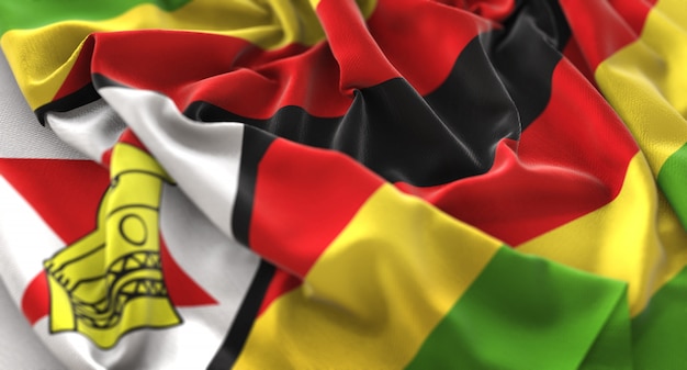 Zimbabwe Flag Ruffled Beautifully Waving Macro Close-Up Shot