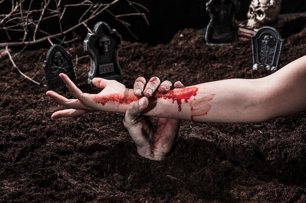 Free photo zombie holding bloody female hand at halloween graveyard