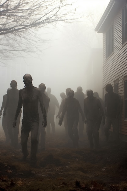 Zombies walking in mist