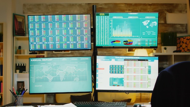 Free Photo zoom out of home office with monitors for stock market.