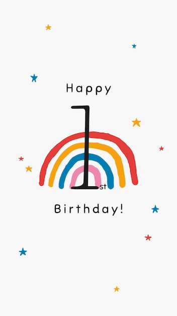 Free PSD 1st birthday greeting template psd with rainbow illustration