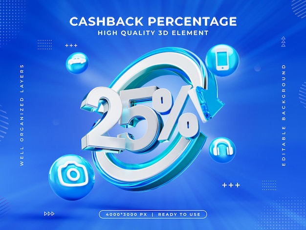 Free PSD 25 percent cashback icon isolated 3d render illustration