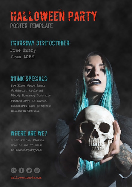 Free PSD 31th october halloween party poster with girl holding a skull