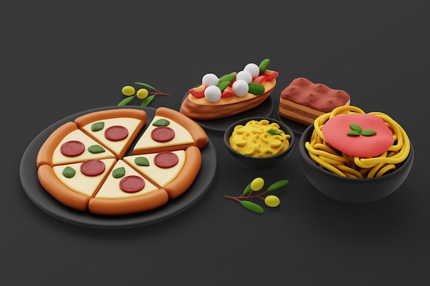 Free PSD 3d background with assortment of gastronomy dishes