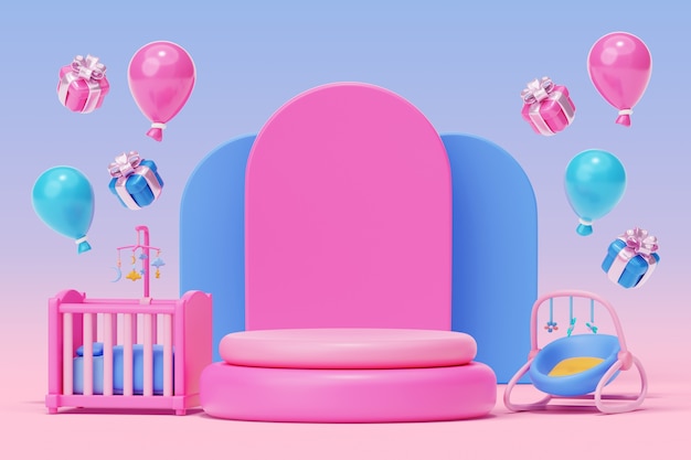 Free PSD 3d blue and pink gender reveal podium with toys