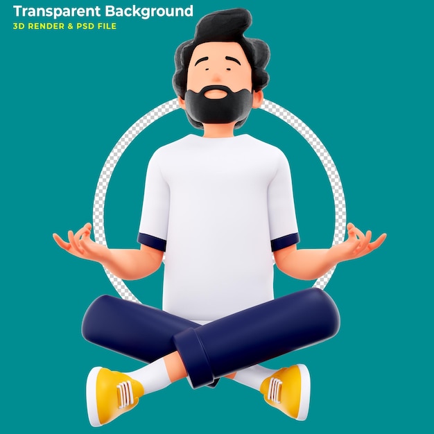 Free PSD 3d cartoon character illustration of meditating man sitting on the floor in yoga lotus position