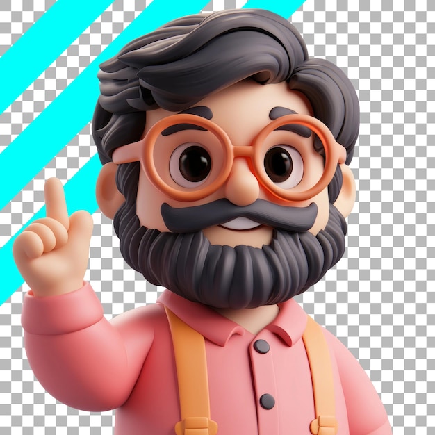 3D Cartoon Character with Glasses and Beard in Pink Shirt and Suspenders Against Checked Background