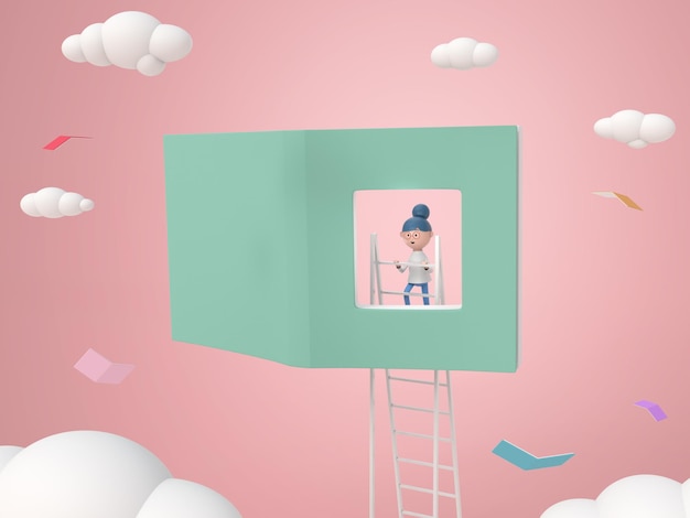 3d cartoon character woman climbing stairs and looking at window