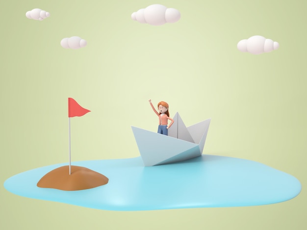 Free PSD 3d cartoon woman standing on boat to reach destination