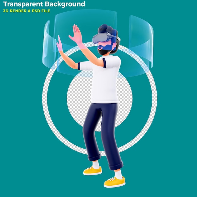 3D character using virtual reality glasses and touching vr interface 3d illustration