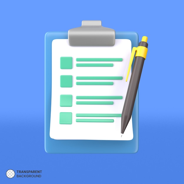 3d checklist clipboard and pen icon isolated