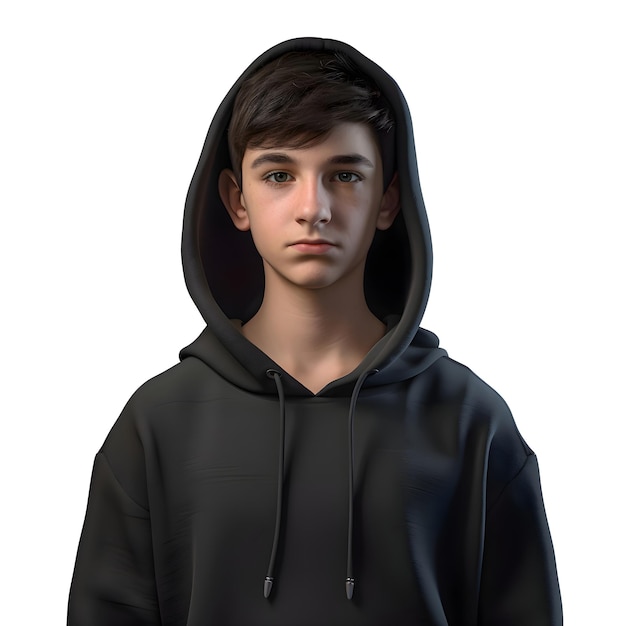 Free PSD 3d digital render of a teenager in a black hoodie isolated on white background